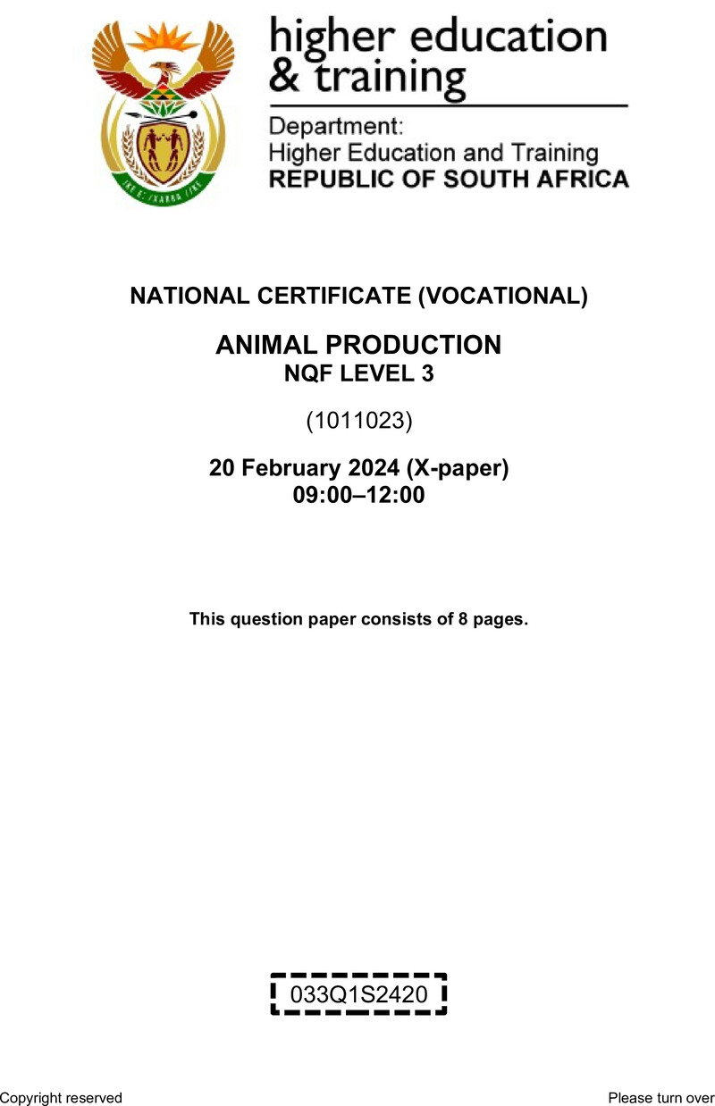 Animal Production Level 3 DHET NCV February 2024 Paper X - Question Paper