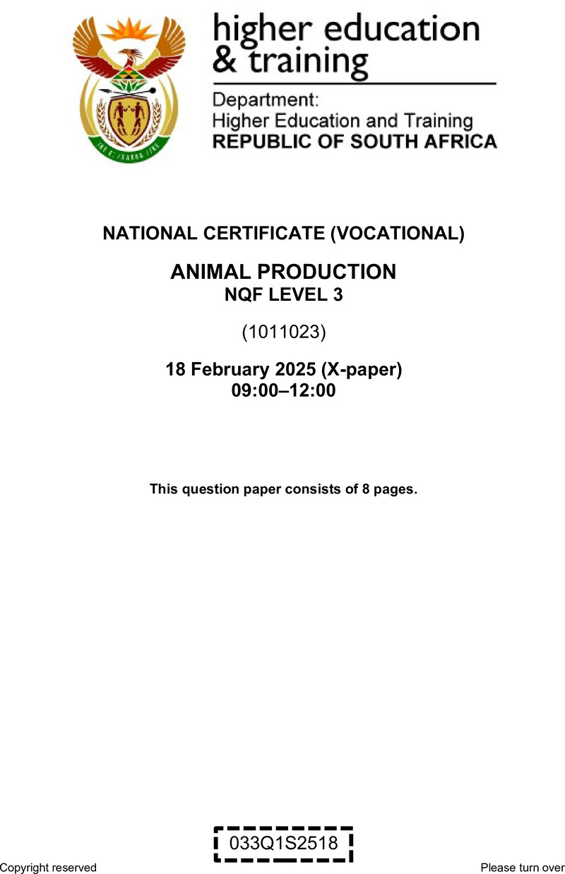 Animal Production Level 3 DHET NCV February 2025 Paper X - Question Paper