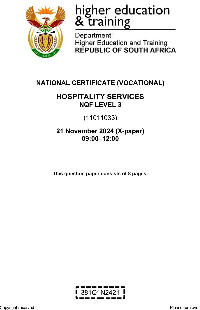 Hospitality Services Level 3 DHET NCV November 2024 Paper X - Question Paper