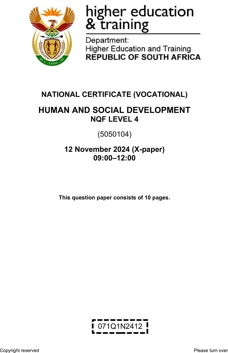 Human and Social Development Level 4 DHET NCV November 2024 Paper X - Question Paper