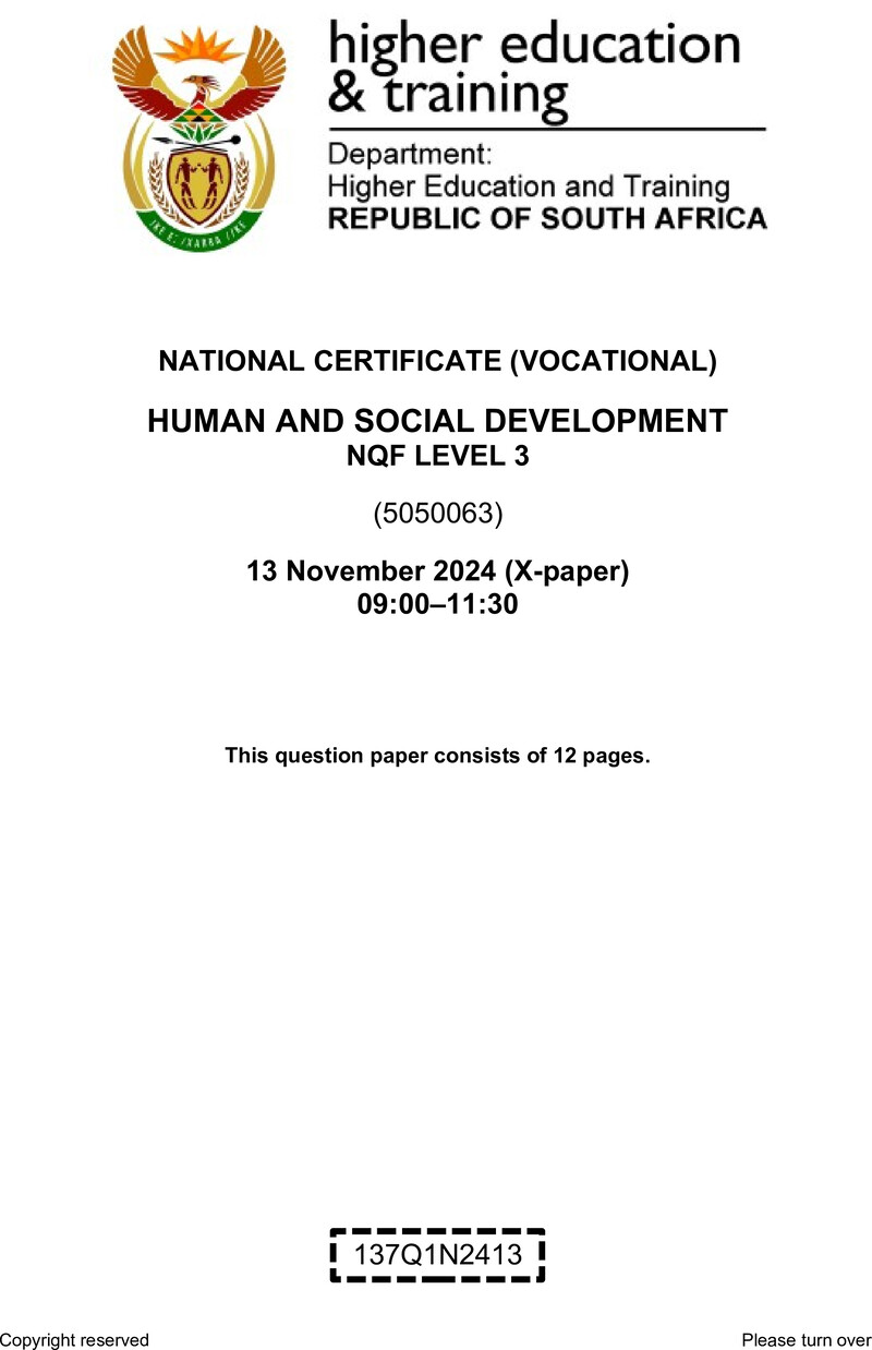 Human and Social Development Level 3 DHET NCV November 2024 Paper X - Question Paper