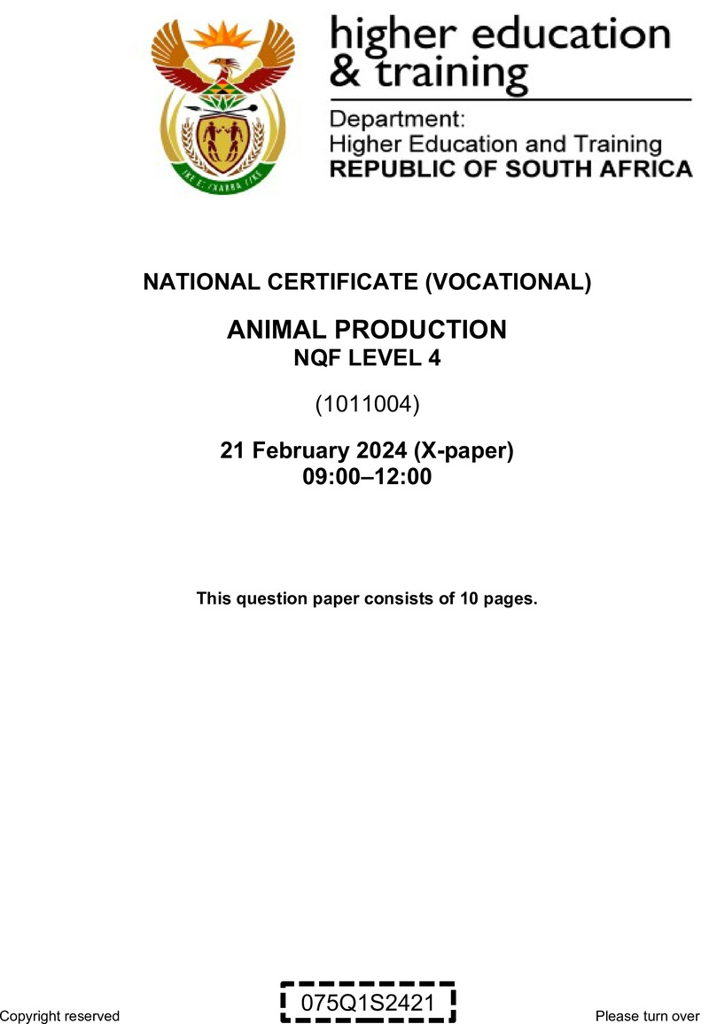Animal Production Level 4 DHET NCV 2024 Paper X - Question Paper