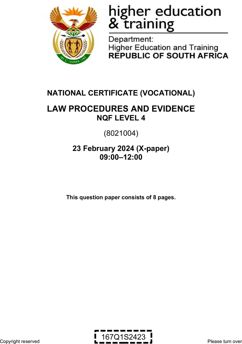 Law Procedures and Evidence Level 4 DHET NCV February 2024 Paper X - Question Paper