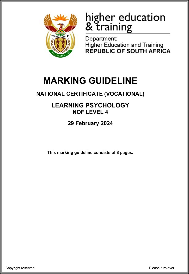 Learning Psychology Level 4 DHET NCV 2024 - Memo