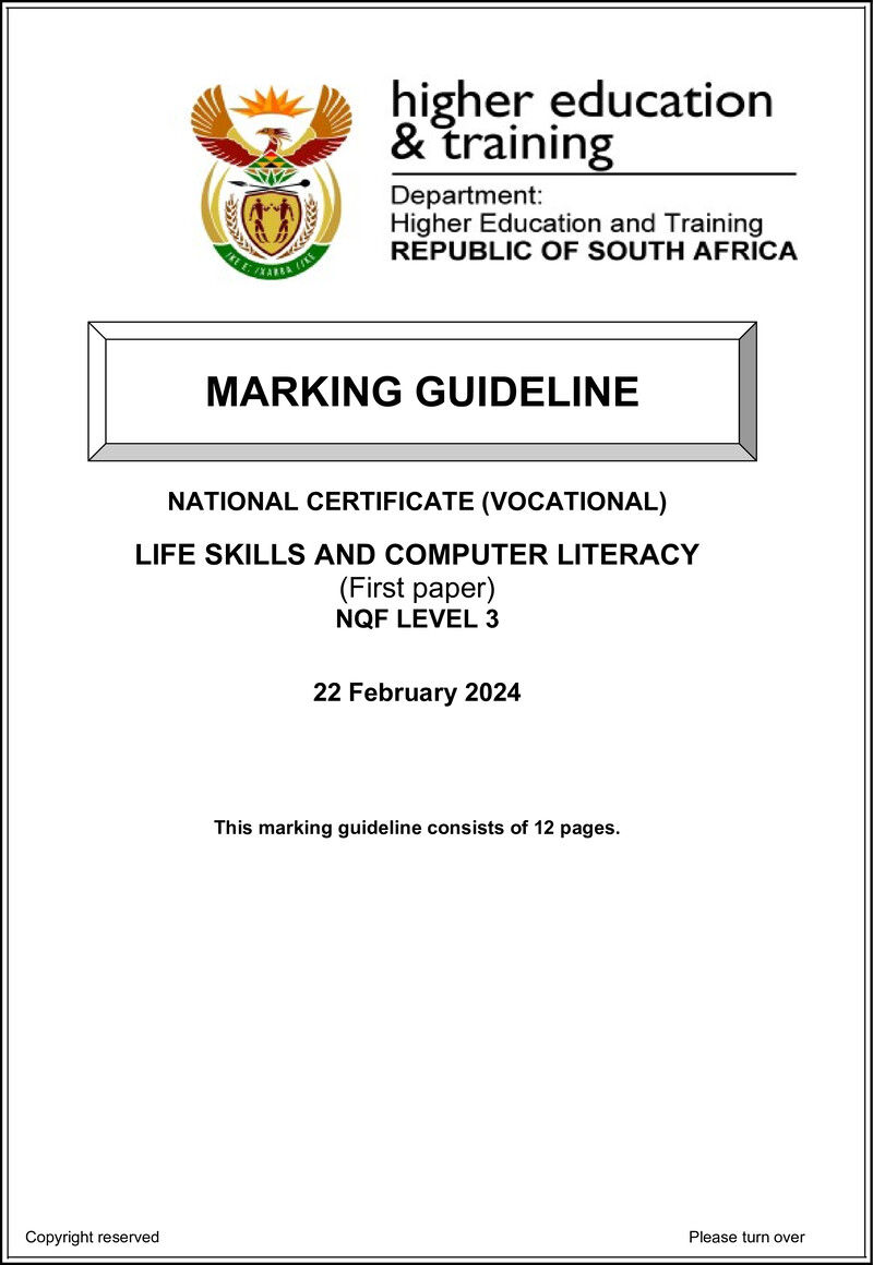 Life Skills and Computer Literacy Level 3 DHET NCV 2024 - Memo
