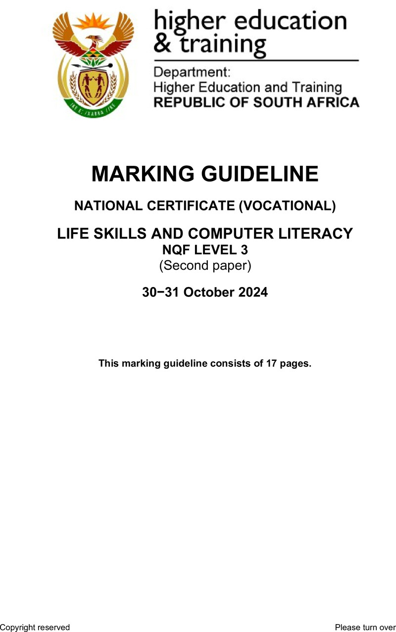 Life Skills and Computer Literacy Level 3 DHET NCV October 2024 - Memo