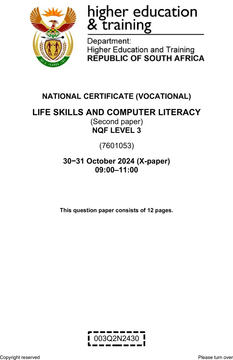 Life Skills and Computer Literacy Level 3 DHET NCV October 2024 Paper X - Question Paper
