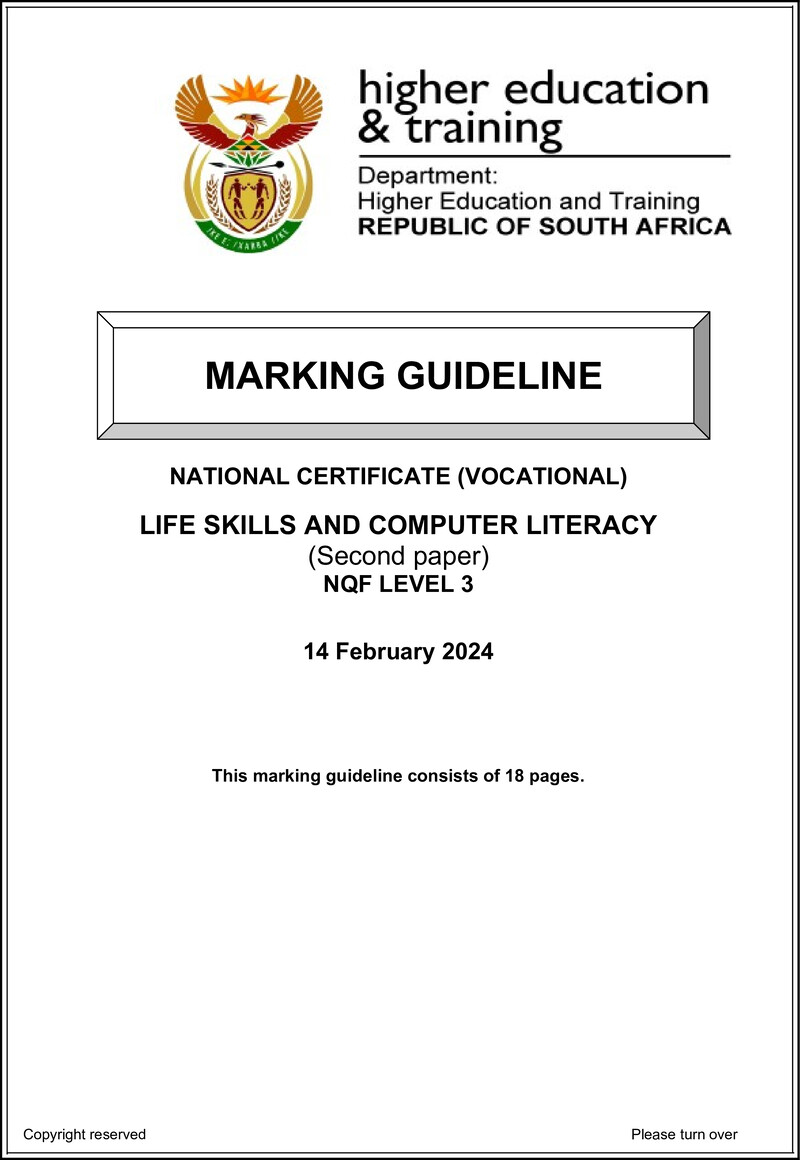 Life Skills and Computer Literacy Level 3 DHET NCV 2024 - Memo