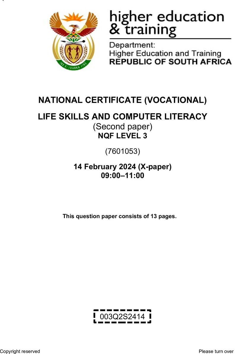 Life Skills and Computer Literacy Level 3 DHET NCV February 2024 Paper X - Question Paper
