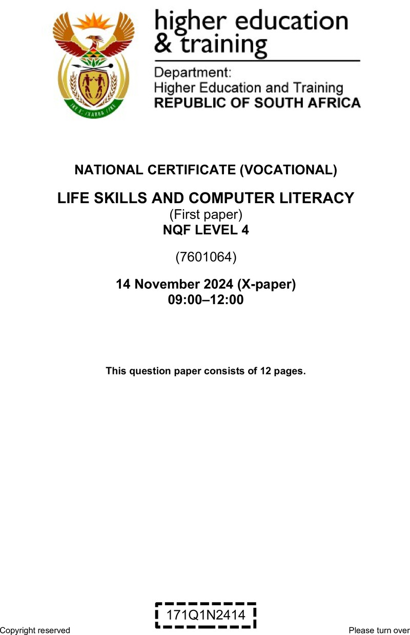 Life Skills And Computer Literacy Level 4 Dhet NCV November 2024 Paper 10 - Question Paper