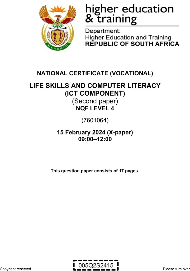 Life Skills And Computer Literacy Level 4 Dhet NCV February 2024 Paper 10 - Question Paper
