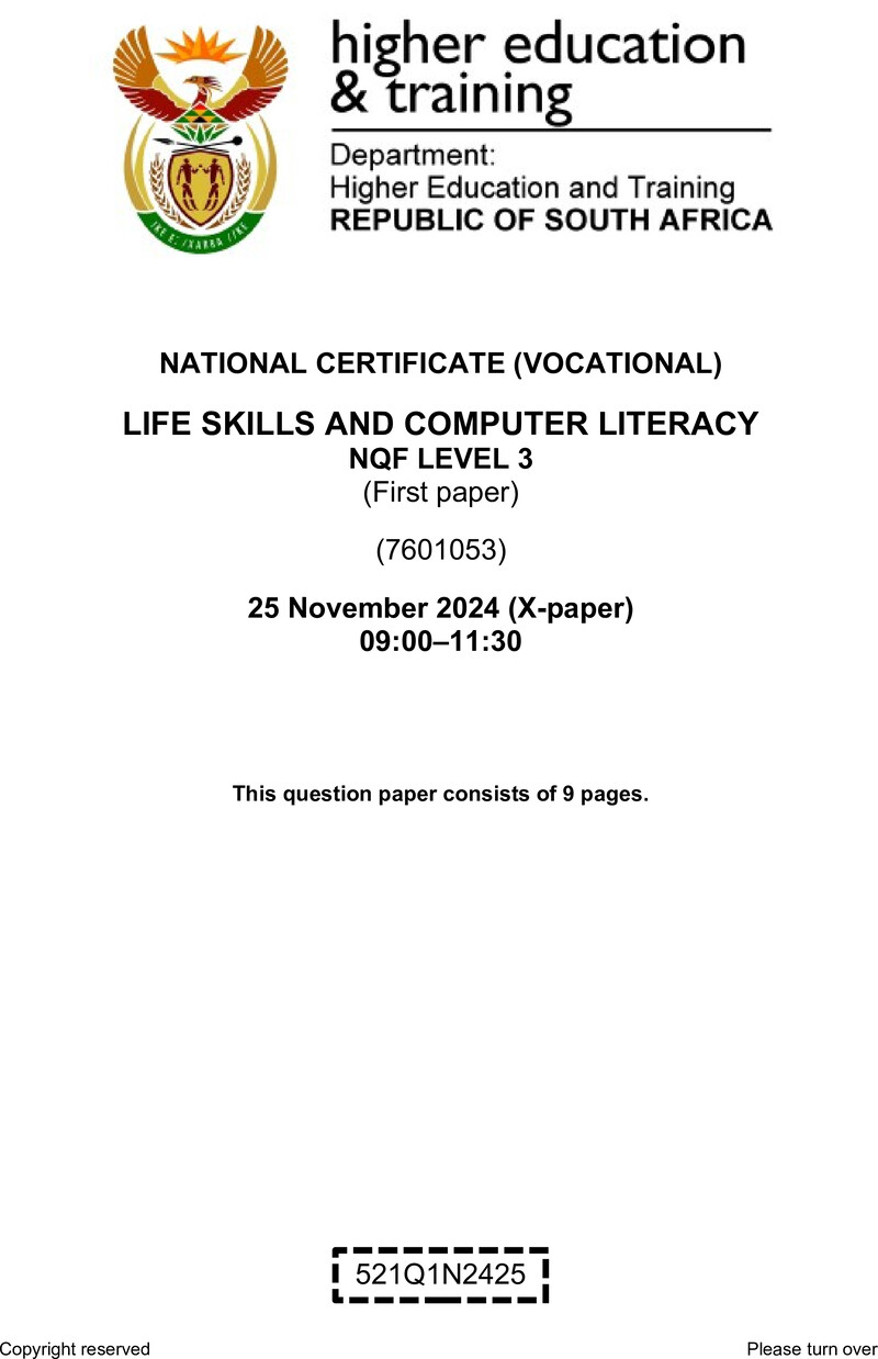 Life Skills and Computer Literacy Level 3 DHET NCV November 2024 Paper X - Question Paper