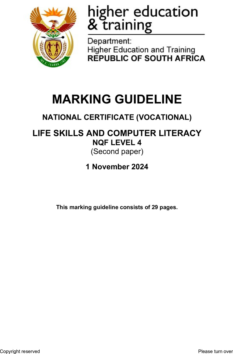 Life Skills And Computer Literacy Level 4 Dhet NCV November 2024 - Memo