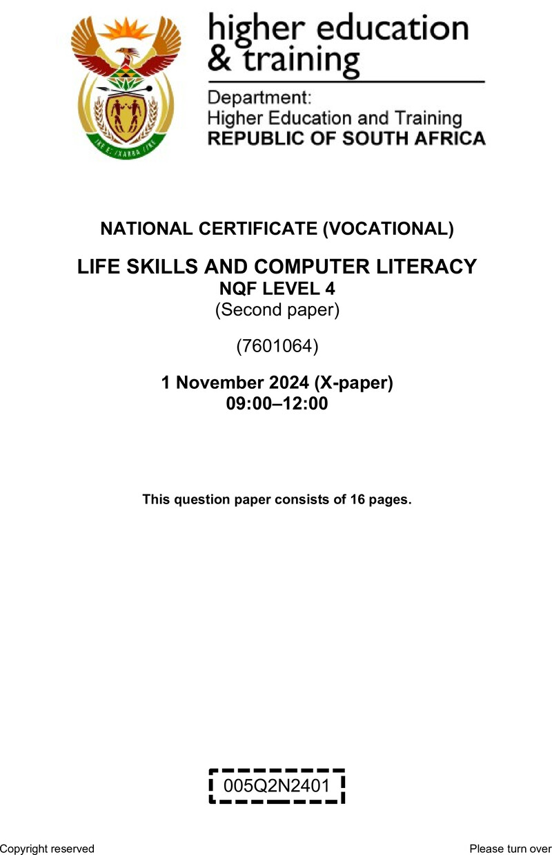 Life Skills And Computer Literacy Level 4 Dhet NCV November 2024 Paper 10 - Question Paper