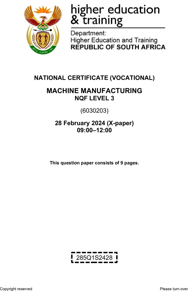 Machine Manufacturing Level 3 DHET NCV February 2024 Paper X - Question Paper