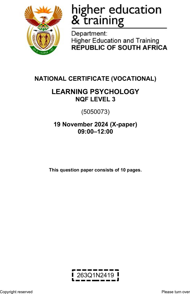 Learning Psychology Level 3 DHET NCV November 2024 Paper X - Question Paper