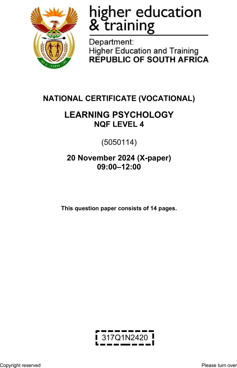 Learning Psychology Level 4 DHET NCV November 2024 Paper X - Question Paper