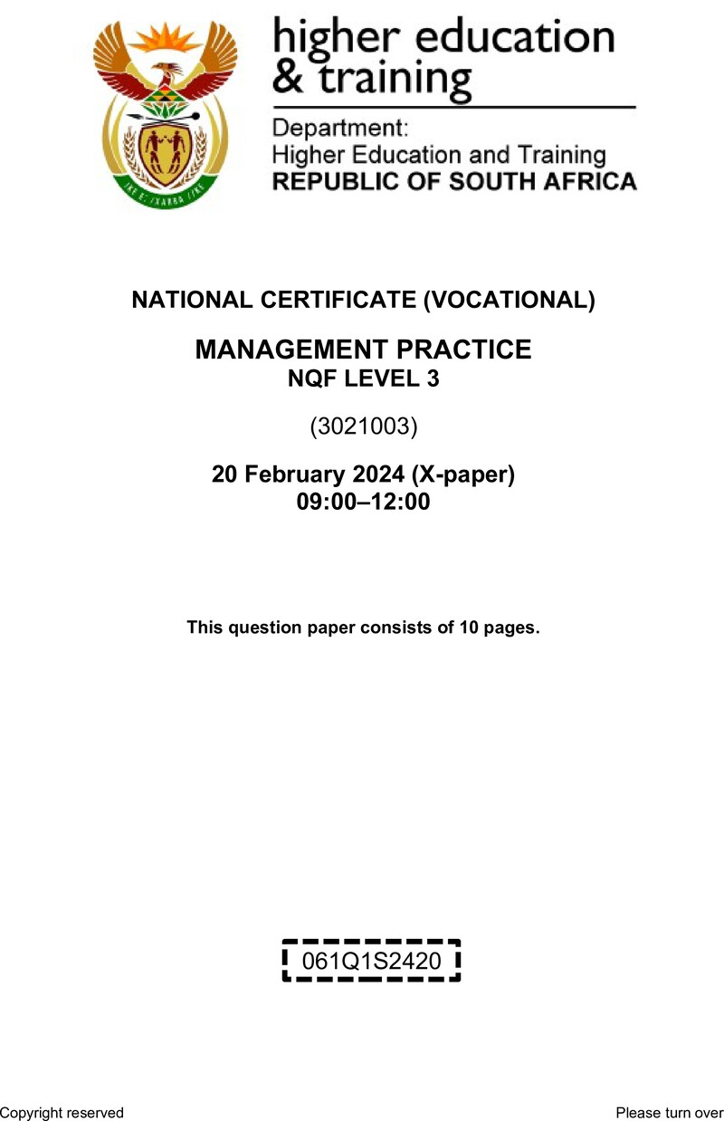 Management Practice Level 3 DHET NCV February 2024 Paper X - Question Paper