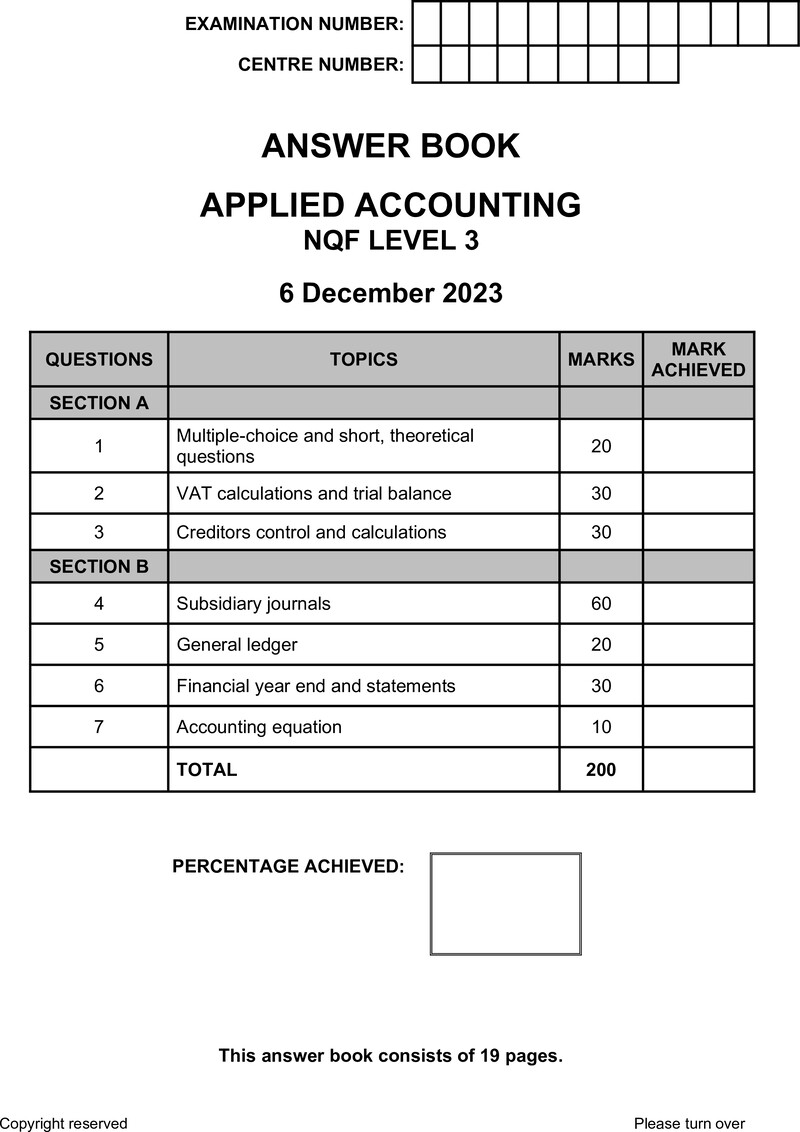 Applied Accounting Level 3 DHET NCV December 2023 - Question Paper