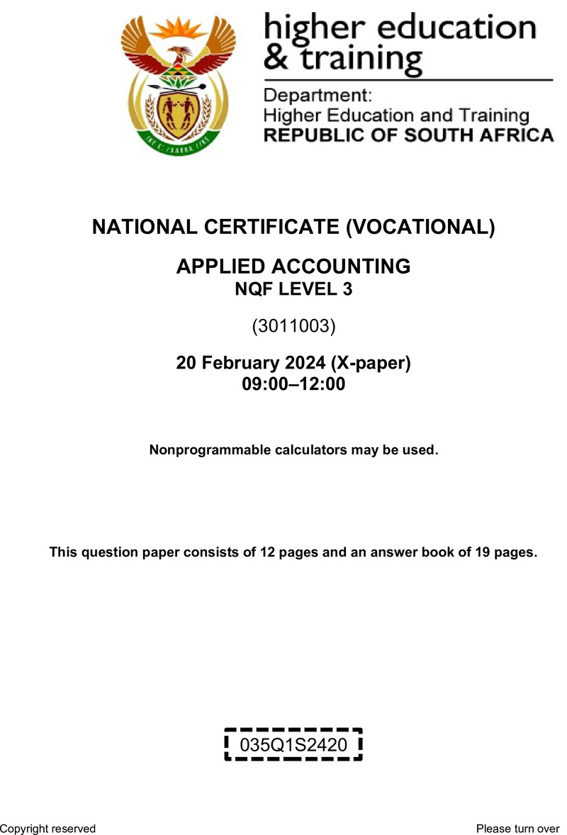 Applied Accounting Level 3 DHET NCV February 2024 Paper X - Question Paper