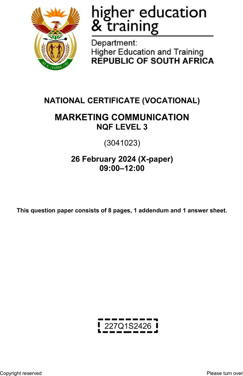 Marketing Communications Level 3 DHET NCV February 2024 Paper X - Question Paper
