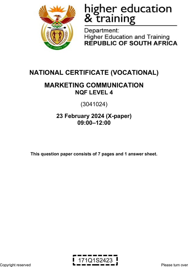 Marketing Communications Level 4 DHET NCV February 2024 Paper X - Question Paper