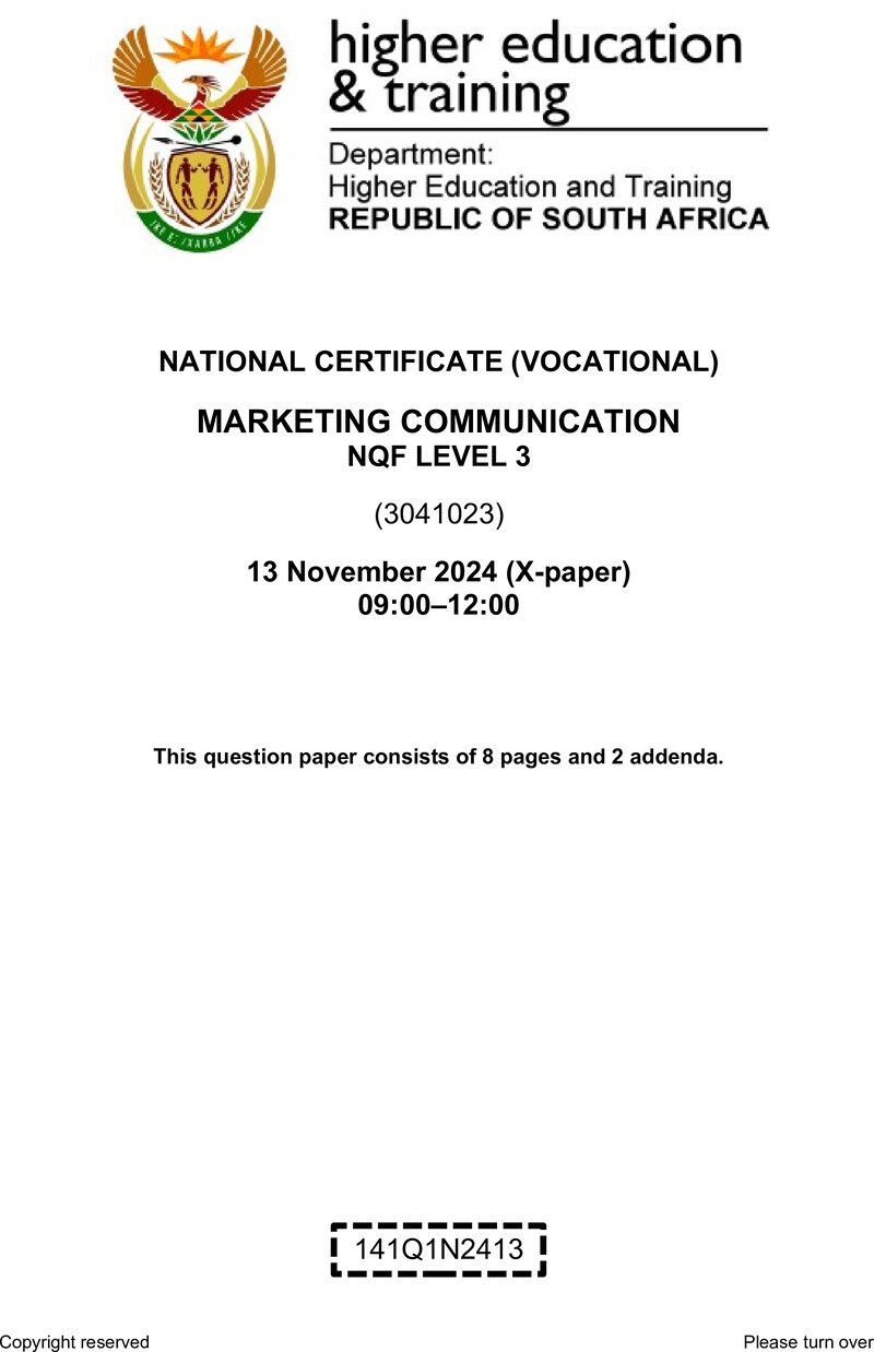 Marketing Communications Level 3 DHET NCV November 2024 Paper X - Question Paper