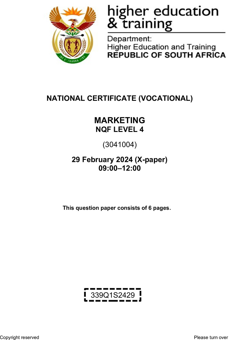 Marketing Level 4 DHET NCV February 2024 Paper X - Question Paper