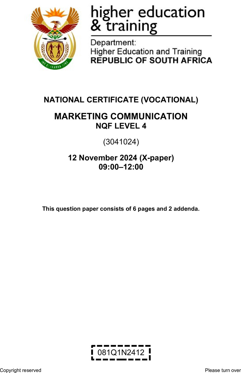 Marketing Communications Level 4 DHET NCV November 2024 Paper X - Question Paper