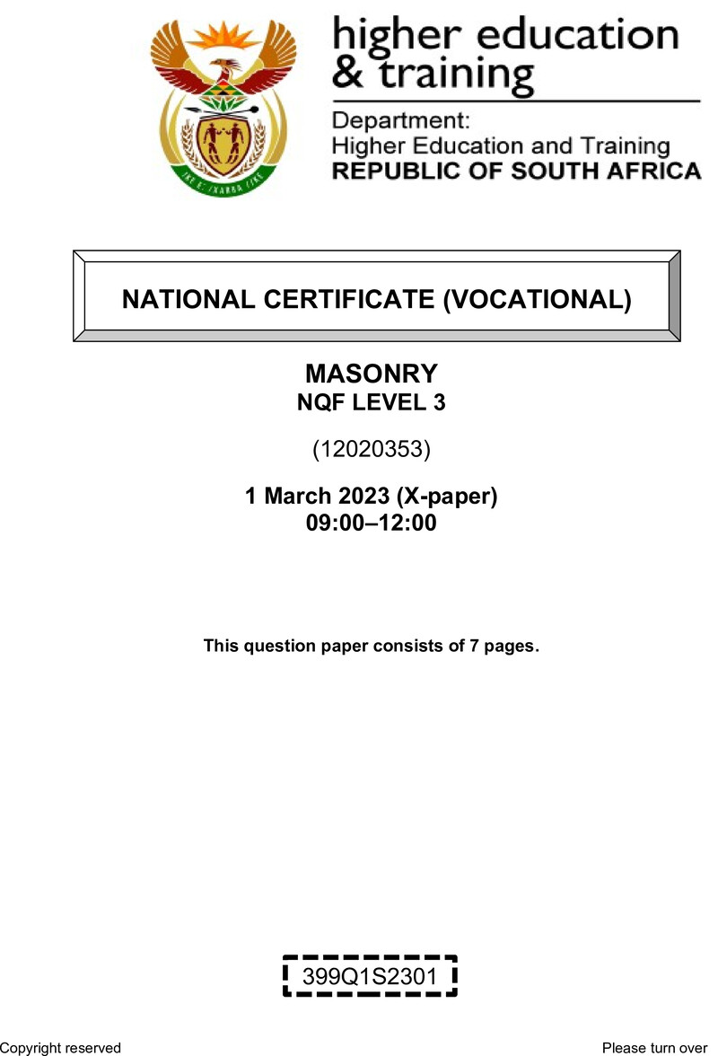 Masonry Level 3 DHET NCV March 2023 Paper X - Question Paper