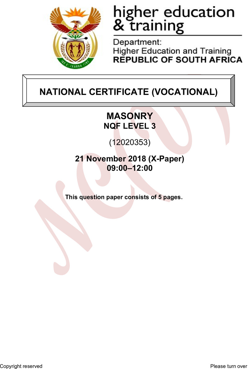 Masonry Level 3 DHET NCV November 2018 Paper X - Question Paper