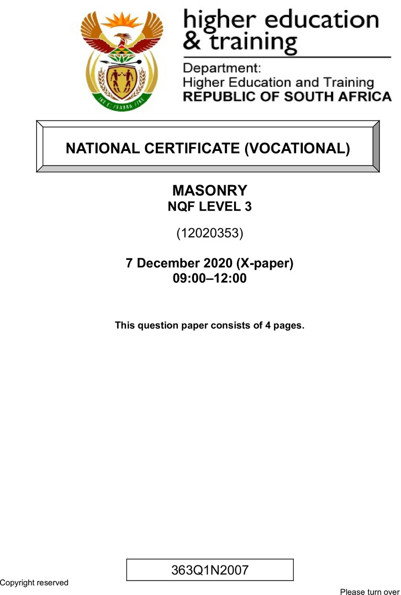 Masonry Level 3 DHET NCV December 2020 Paper X - Question Paper