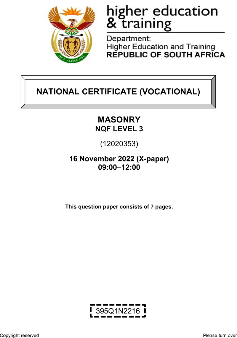 Masonry Level 3 DHET NCV November 2022 Paper X - Question Paper