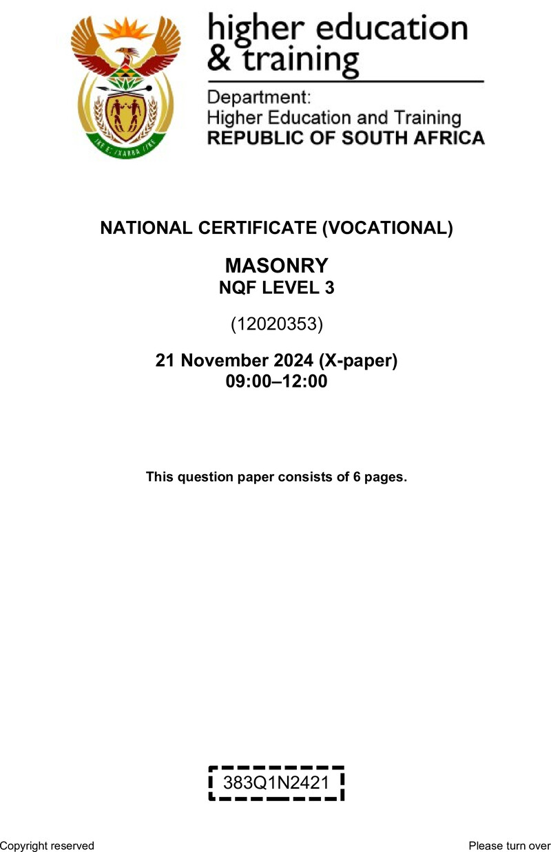 Masonry Level 3 DHET NCV November 2024 Paper X - Question Paper