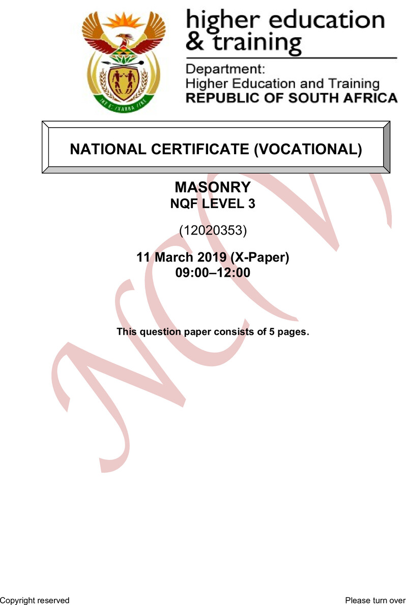 Masonry Level 3 DHET NCV March 2019 Paper X - Question Paper