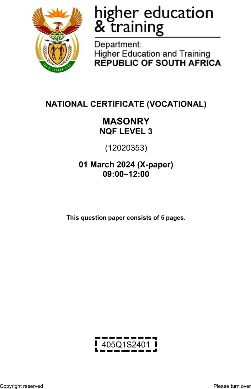 Masonry Level 3 DHET NCV March 2024 Paper X - Question Paper