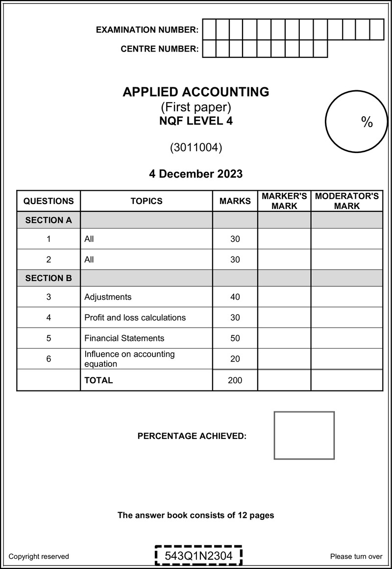 Applied Accounting Level 4 DHET NCV December 2023 - Question Paper