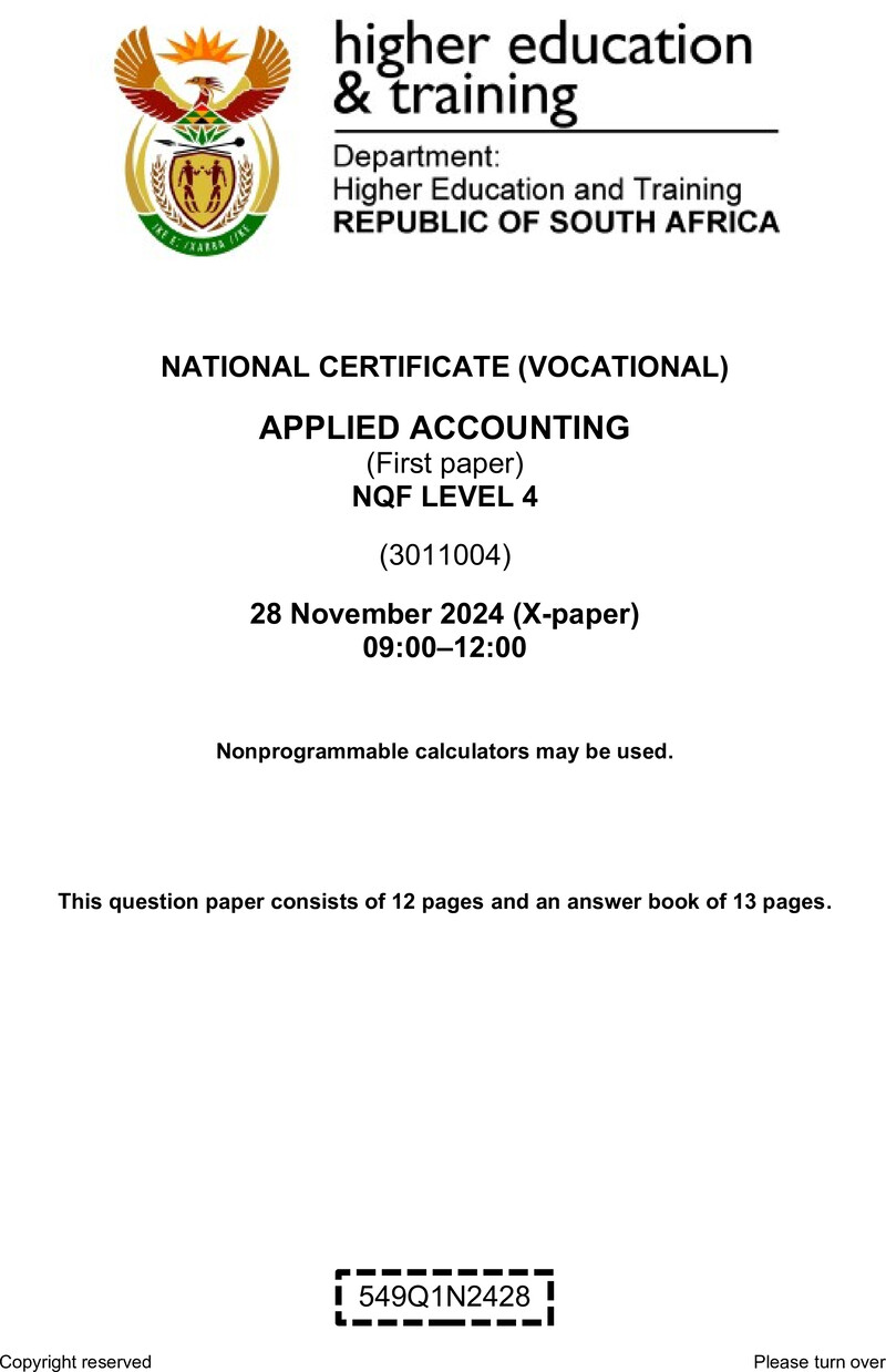 Applied Accounting Level 4 DHET NCV November 2024 Paper X - Question Paper