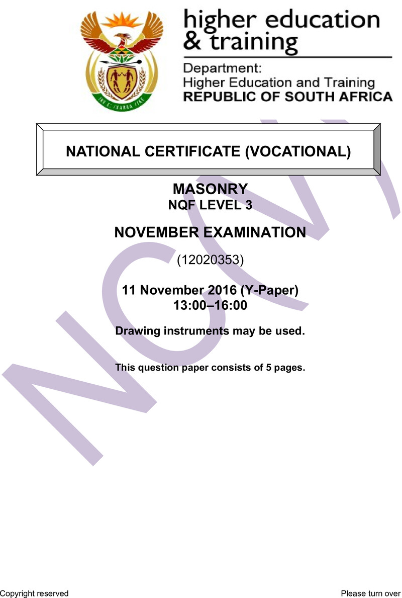 Masonry Level 3 DHET NCV November 2016 Paper Y - Question Paper