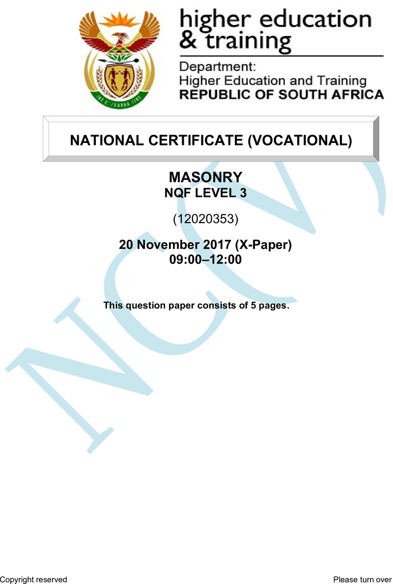 Masonry Level 3 DHET NCV November 2017 Paper X - Question Paper