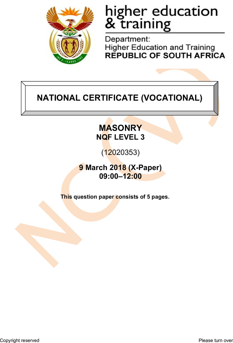 Masonry Level 3 DHET NCV March 2018 Paper X - Question Paper