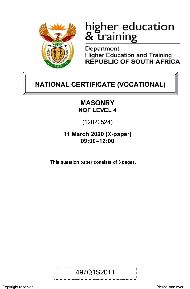 Masonry Level 4 DHET NCV March 2020 Paper X - Question Paper