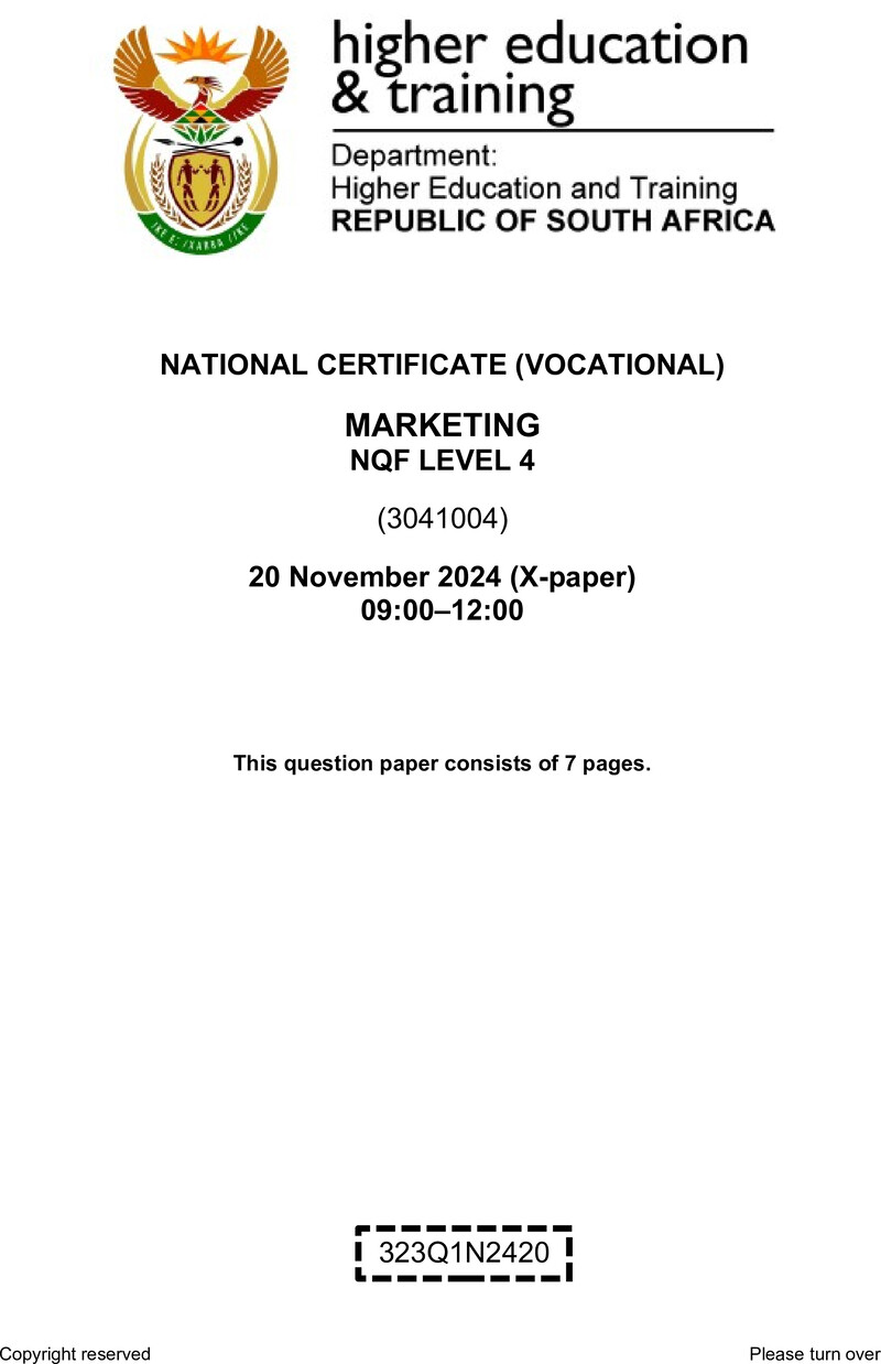 Marketing Level 4 DHET NCV November 2024 Paper X - Question Paper