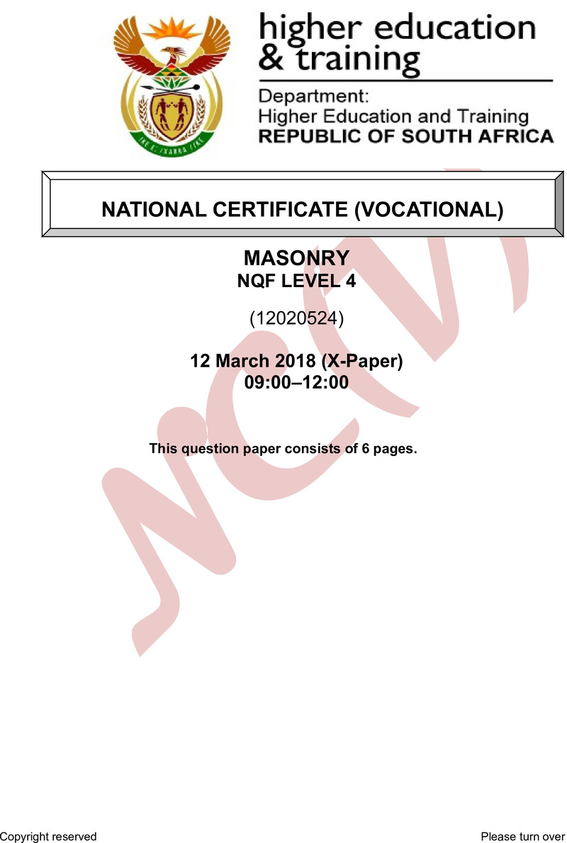 Masonry Level 4 DHET NCV March 2018 Paper X - Question Paper