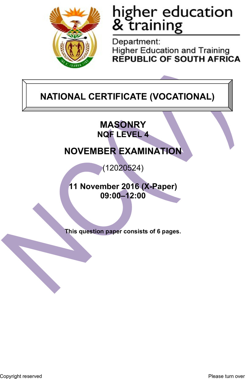 Masonry Level 4 DHET NCV November 2016 Paper X - Question Paper