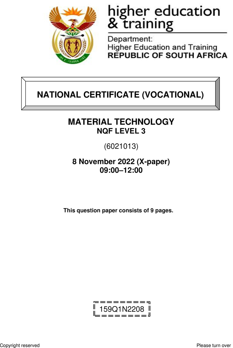 Material Technology Level 3 DHET NCV November 2022 Paper X - Question Paper