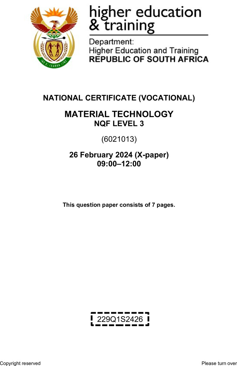Material Technology Level 3 DHET NCV February 2024 Paper X - Question Paper