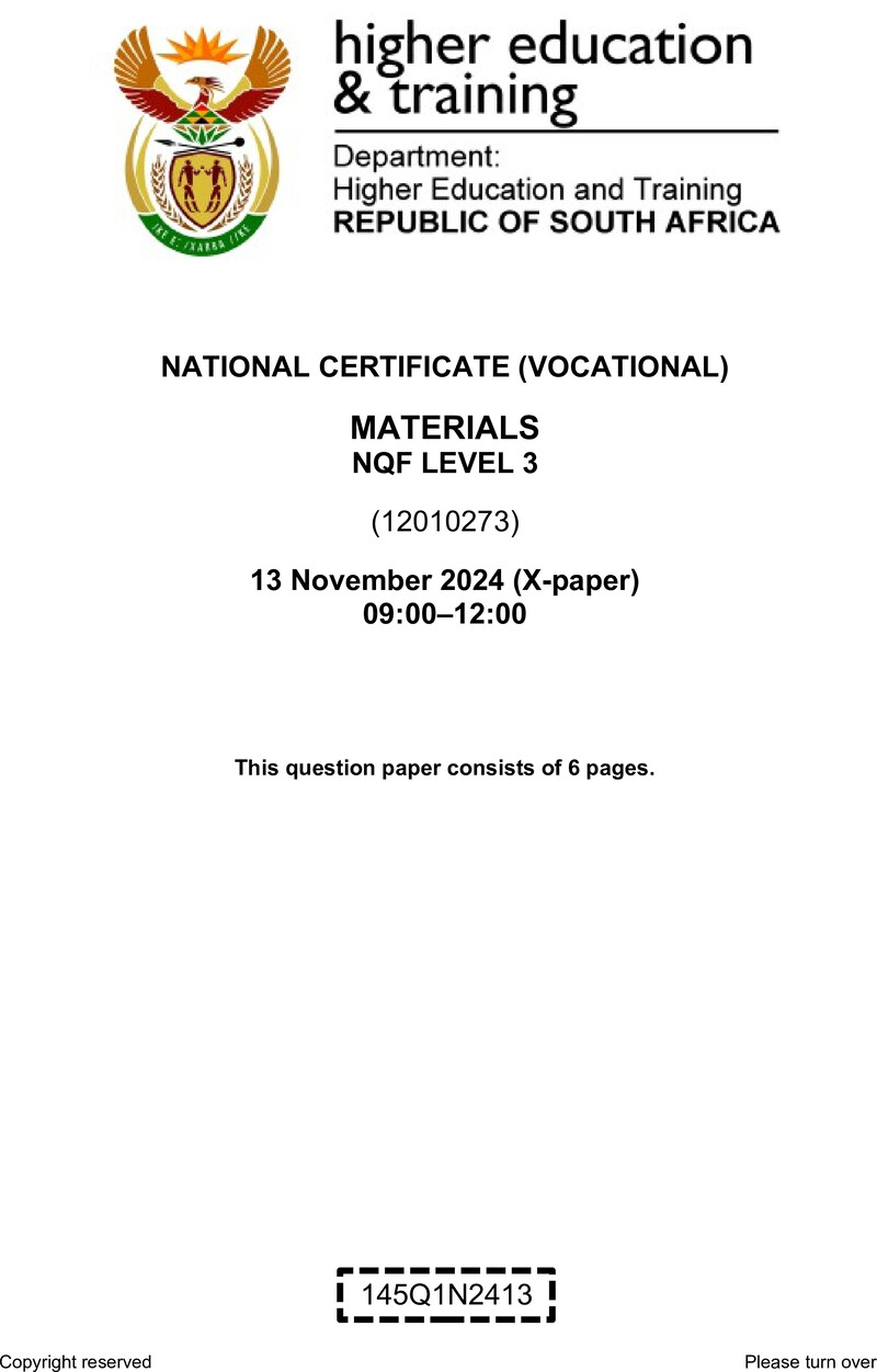 Materials Level 3 DHET NCV November 2024 Paper X - Question Paper