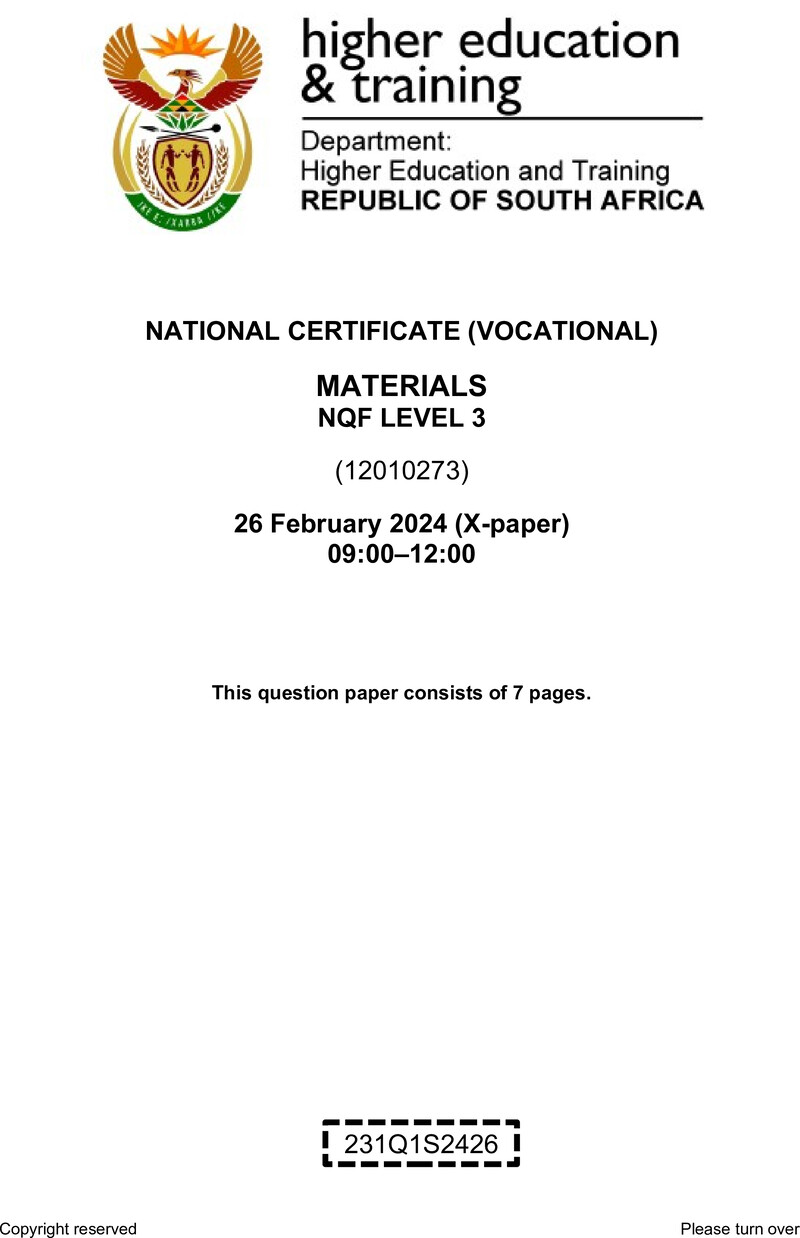 Materials Level 3 DHET NCV February 2024 Paper X - Question Paper