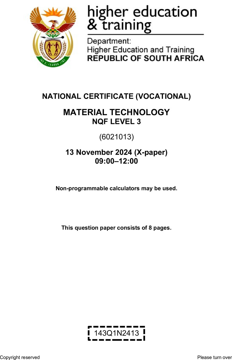 Material Technology Level 3 DHET NCV November 2024 Paper X - Question Paper